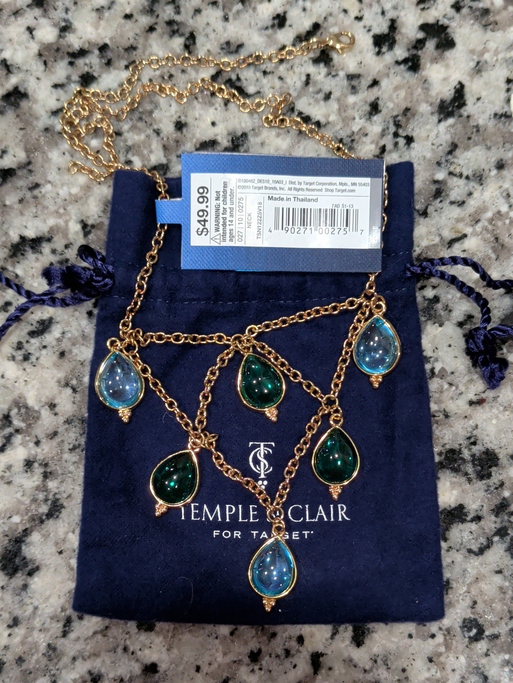 Temple St Clair Gold-tone Necklace with Blue and Green Teardrop Stones NWT